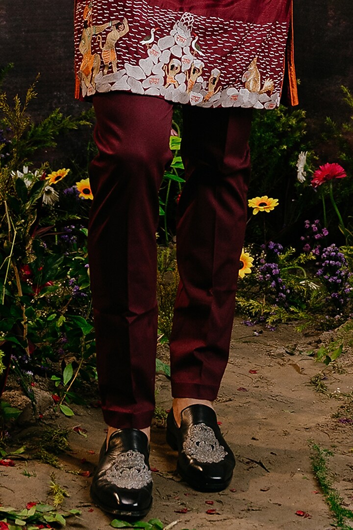 Wine Red Suede & Silk Embroidered Wedding Indowestern Set by YAJY By Aditya Jain at Pernia's Pop Up Shop