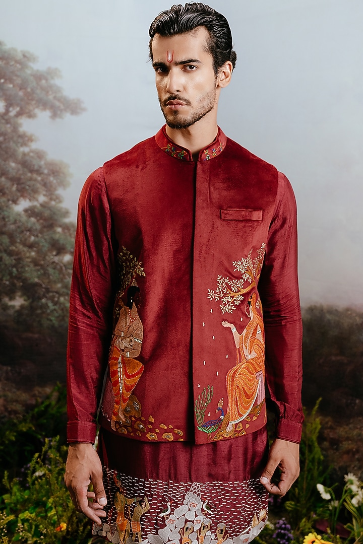 Wine Red Suede & Silk Embroidered Wedding Indowestern Set by YAJY By Aditya Jain at Pernia's Pop Up Shop