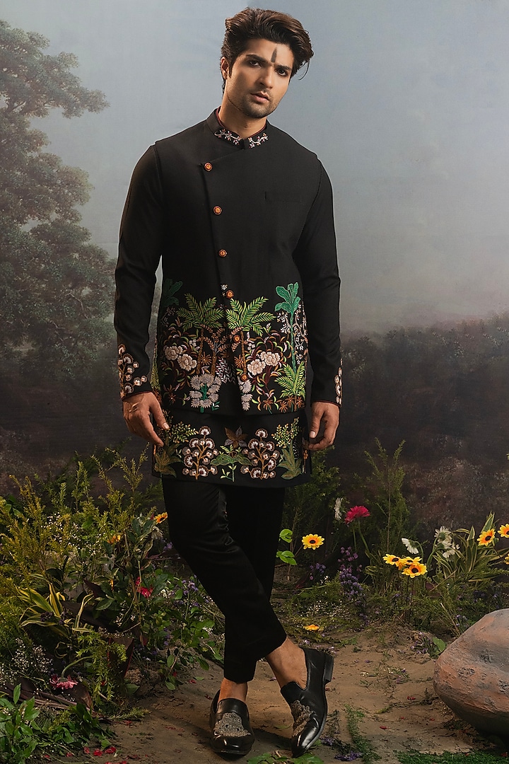 Black Italian Suiting Embroidered Indowestern Set by YAJY By Aditya Jain at Pernia's Pop Up Shop