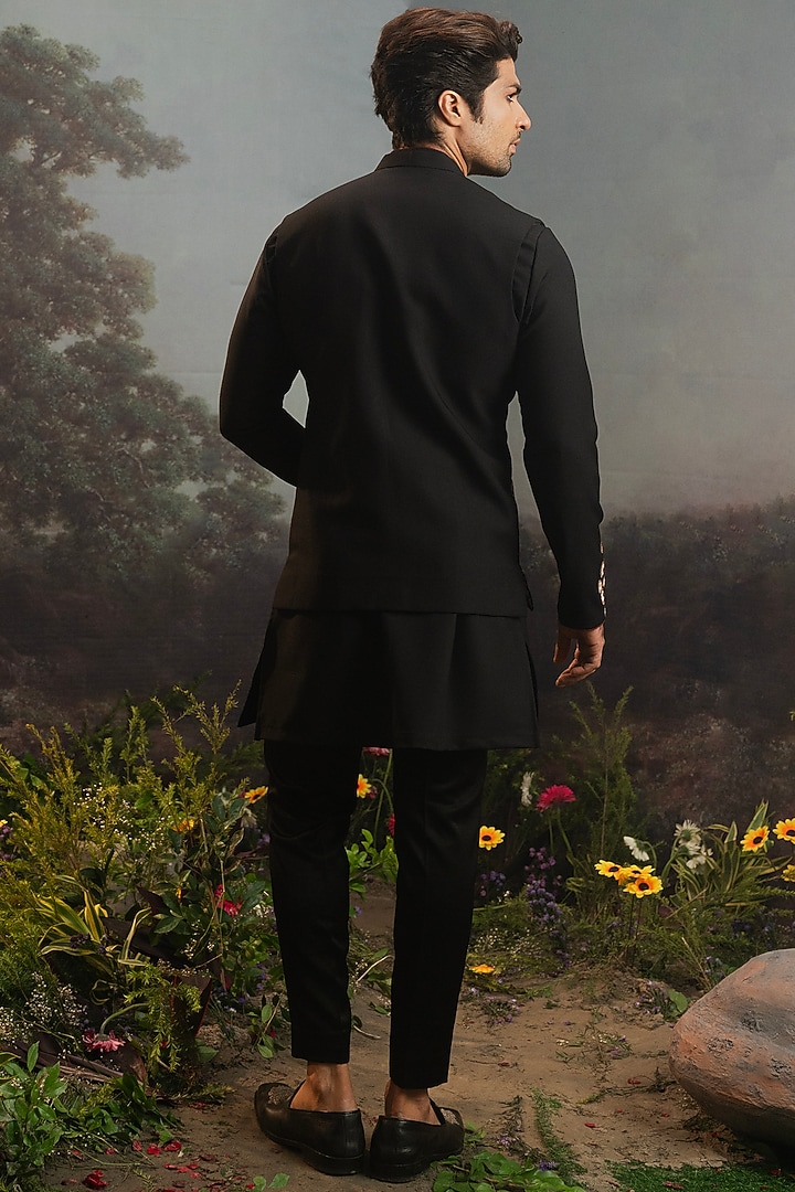 Black Italian Suiting Embroidered Wedding Indowestern Set by YAJY By Aditya Jain at Pernia's Pop Up Shop