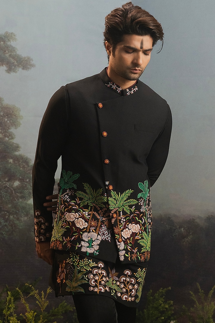 Black Italian Suiting Embroidered Wedding Indowestern Set by YAJY By Aditya Jain at Pernia's Pop Up Shop