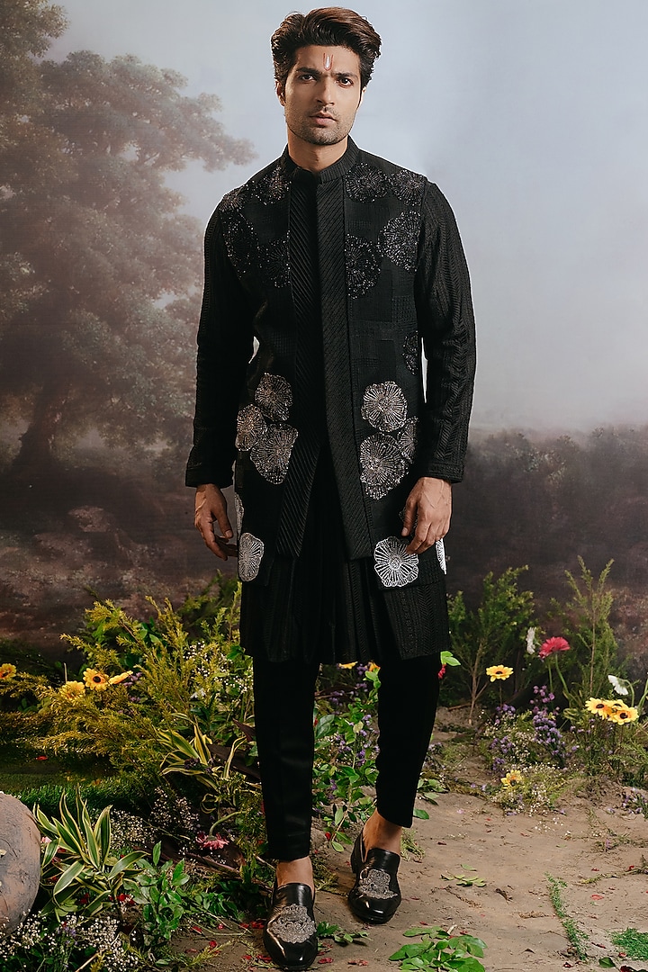 Black Silk Embroidered Long Jacket Set by YAJY By Aditya Jain at Pernia's Pop Up Shop