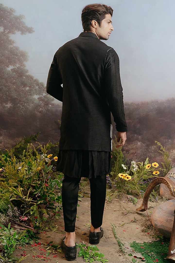 Black Silk Embroidered Long Jacket Set by YAJY By Aditya Jain at Pernia's Pop Up Shop