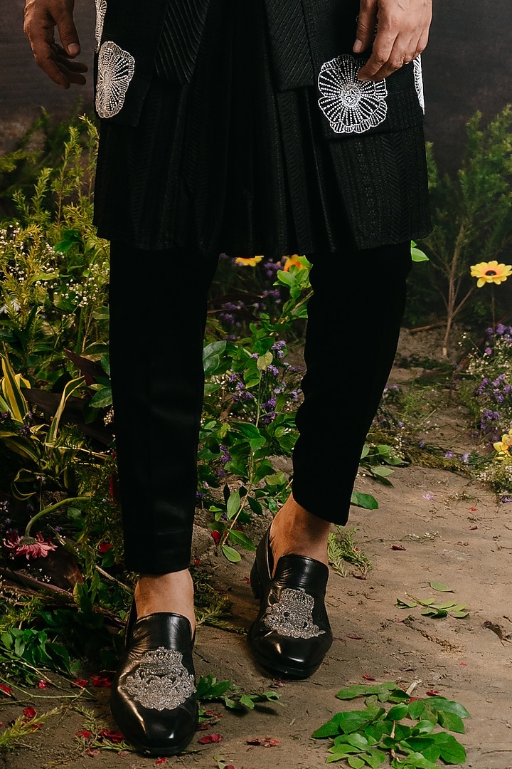 Black Silk Embroidered Long Jacket Set by YAJY By Aditya Jain at Pernia's Pop Up Shop
