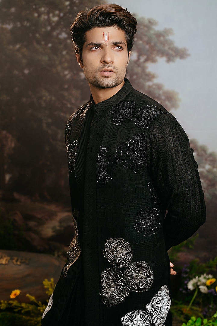 Black Silk Embroidered Long Jacket Set by YAJY By Aditya Jain at Pernia's Pop Up Shop