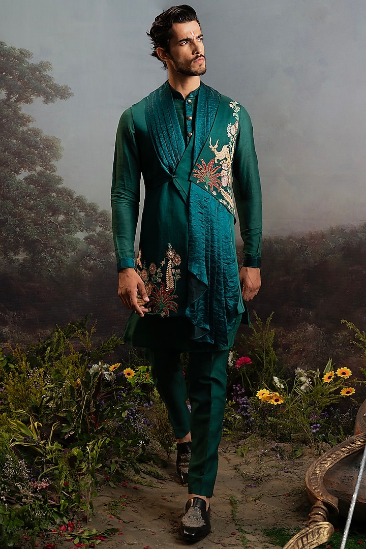 Teal Green Silk Long Jacket Set by YAJY By Aditya Jain at Pernia's Pop Up Shop