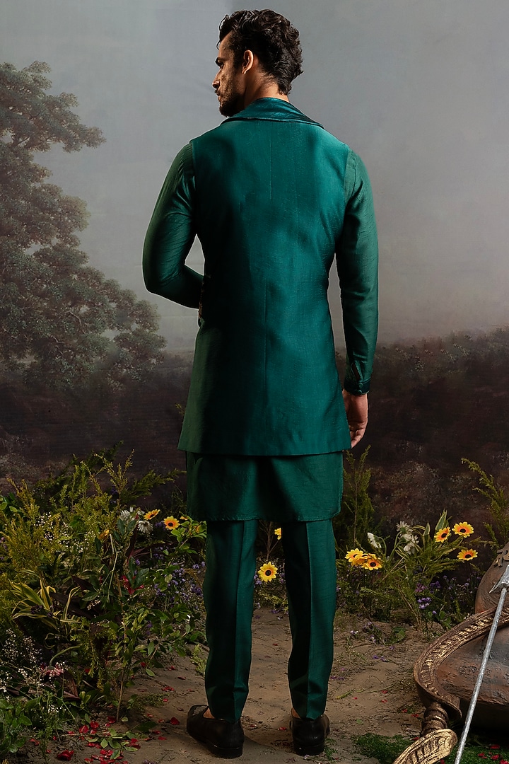 Teal Green Silk Long Jacket Set by YAJY By Aditya Jain at Pernia's Pop Up Shop