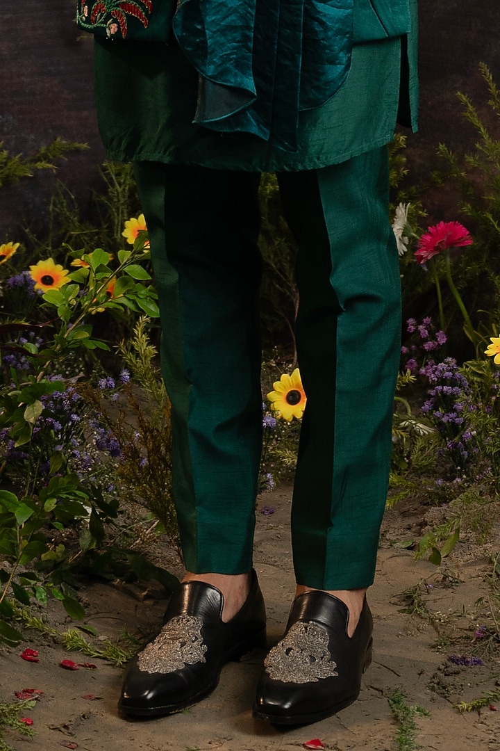 Teal Green Silk Long Jacket Set by YAJY By Aditya Jain at Pernia's Pop Up Shop