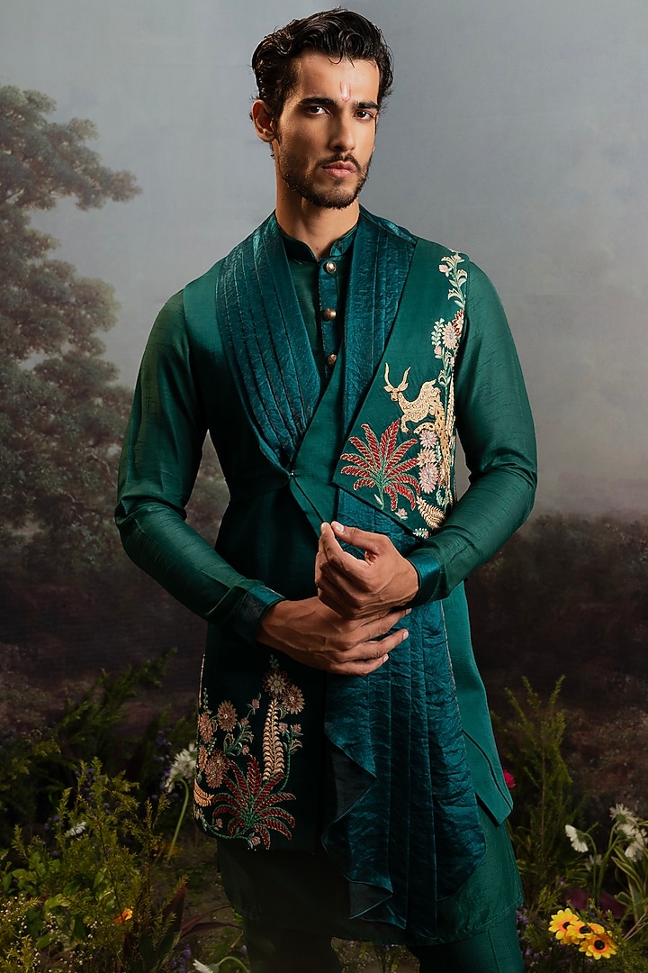 Teal Green Silk Long Jacket Set by YAJY By Aditya Jain at Pernia's Pop Up Shop