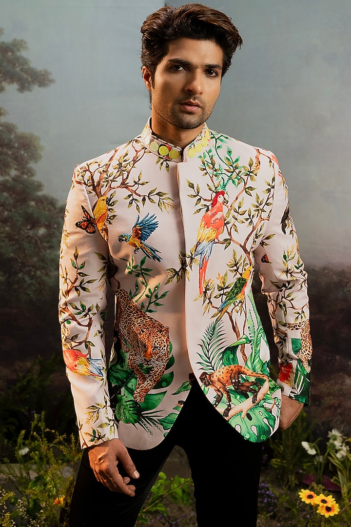 Multi-Colored Rayon Printed Wedding Bandhgala Set by YAJY By Aditya Jain at Pernia's Pop Up Shop