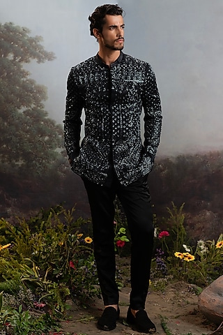Black Italian Suiting Embroidered Bandhgala Set by YAJY By Aditya Jain