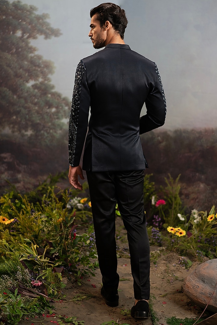Black Italian Suiting Embroidered Wedding Bandhgala Set by YAJY By Aditya Jain at Pernia's Pop Up Shop