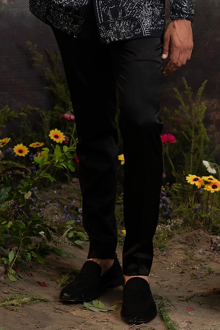 Black Italian Suiting Embroidered Wedding Bandhgala Set by YAJY By Aditya Jain at Pernia's Pop Up Shop