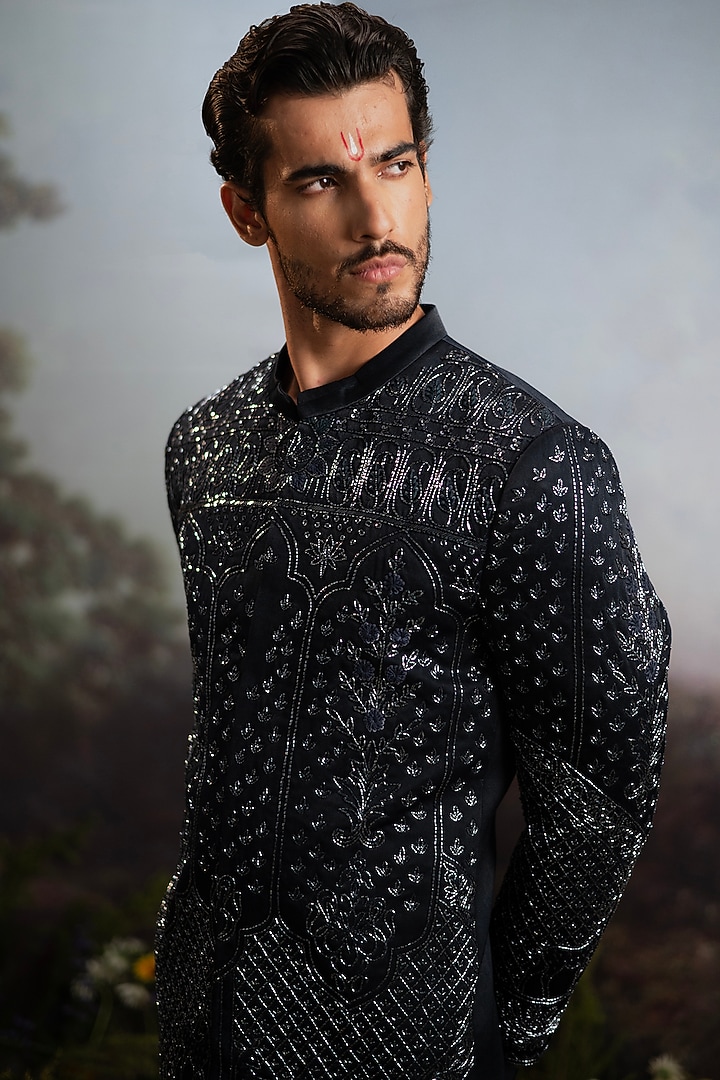 Black Italian Suiting Embroidered Wedding Bandhgala Set by YAJY By Aditya Jain at Pernia's Pop Up Shop