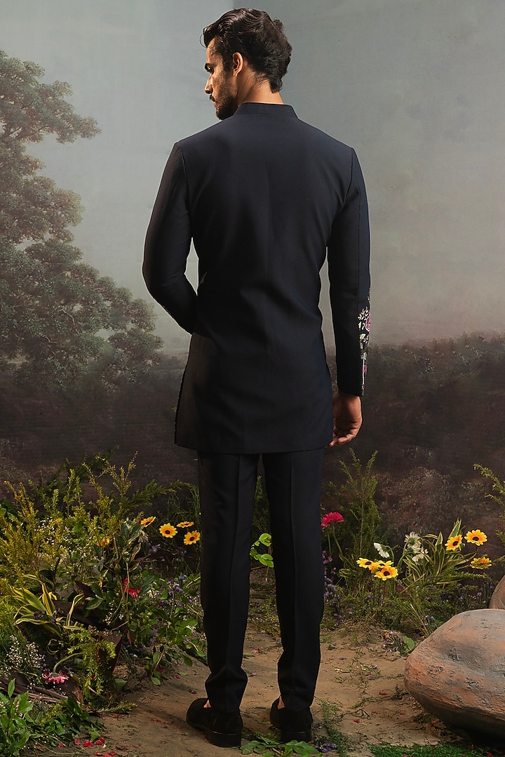 Midnight Blue Italian Suiting Embroidered Achkan Set by YAJY By Aditya Jain at Pernia's Pop Up Shop