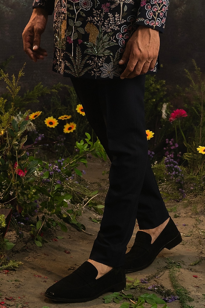 Midnight Blue Italian Suiting Embroidered Achkan Set by YAJY By Aditya Jain at Pernia's Pop Up Shop