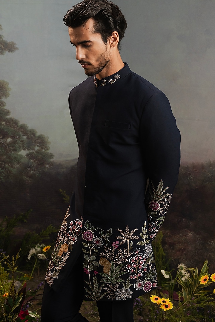 Midnight Blue Italian Suiting Embroidered Achkan Set by YAJY By Aditya Jain at Pernia's Pop Up Shop