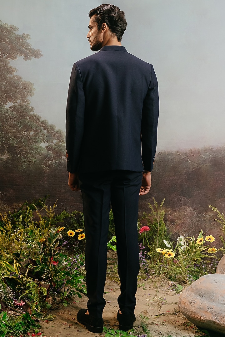 Midnight Blue Italian Suiting Embroidered Wedding Bandhgala Set by YAJY By Aditya Jain at Pernia's Pop Up Shop