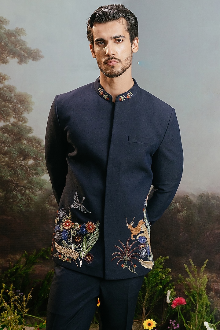 Midnight Blue Italian Suiting Embroidered Wedding Bandhgala Set by YAJY By Aditya Jain at Pernia's Pop Up Shop