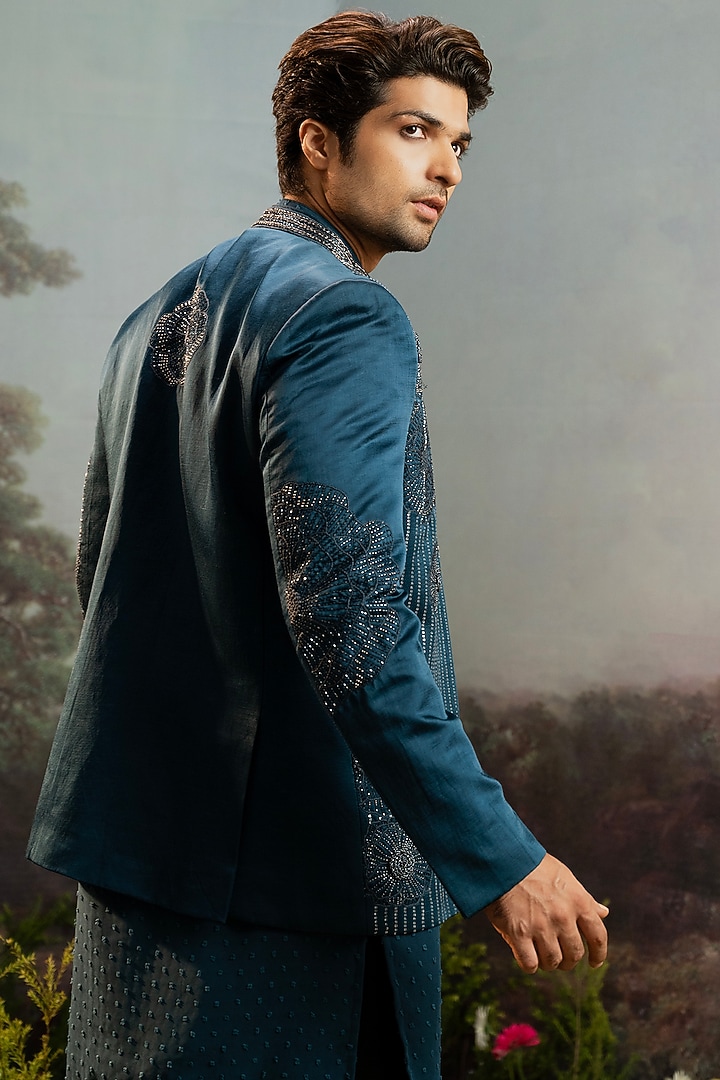 Teal Blue Silk Embroidered Groom Bandhgala Set by YAJY By Aditya Jain at Pernia's Pop Up Shop