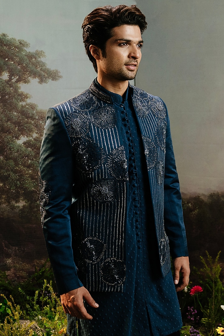 Teal Blue Silk Embroidered Groom Bandhgala Set by YAJY By Aditya Jain at Pernia's Pop Up Shop