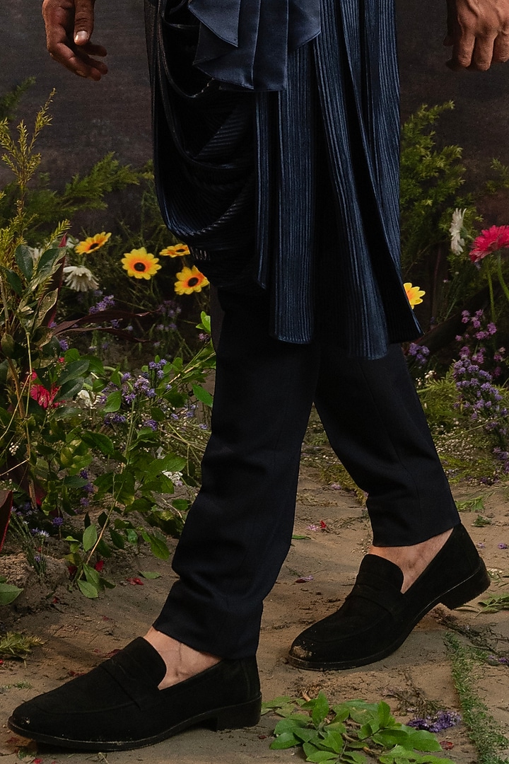 Midnight Blue Silk Paneled Groom Bandhgala Set by YAJY By Aditya Jain at Pernia's Pop Up Shop