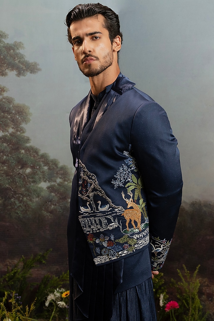 Midnight Blue Silk Paneled Groom Bandhgala Set by YAJY By Aditya Jain at Pernia's Pop Up Shop