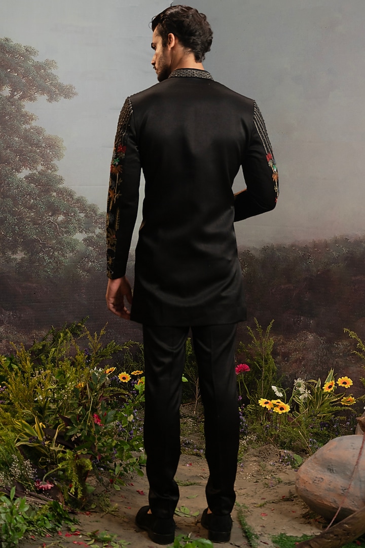 Black Italian Suiting Embroidered Achkan Set by YAJY By Aditya Jain at Pernia's Pop Up Shop