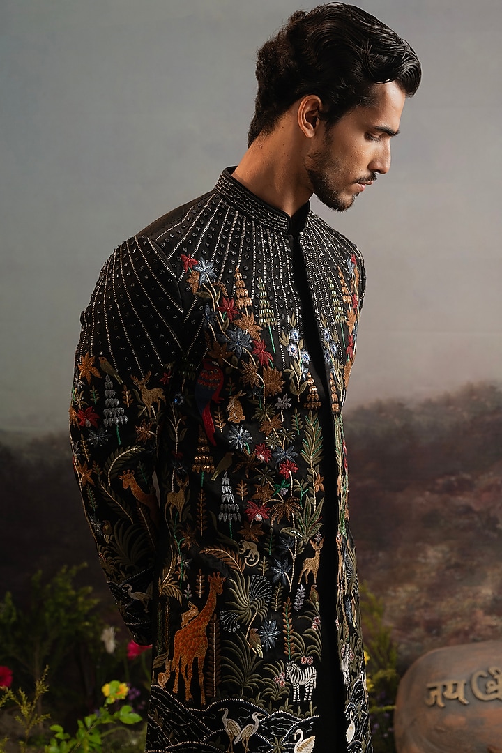 Black Italian Suiting Embroidered Achkan Set by YAJY By Aditya Jain at Pernia's Pop Up Shop