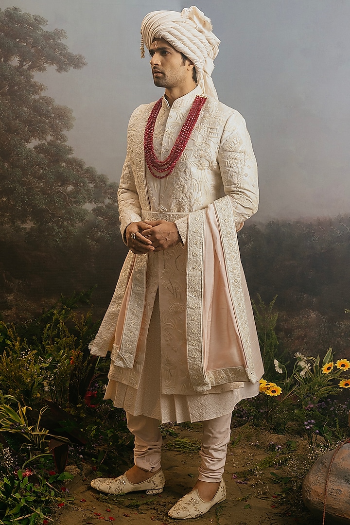 Pastel Pink & Ivory Raw Silk Resham Embroidered Sherwani Set by YAJY By Aditya Jain