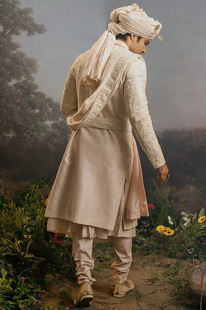 Pastel Pink & Ivory Raw Silk Resham Embroidered Groom Sherwani Set by YAJY By Aditya Jain at Pernia's Pop Up Shop
