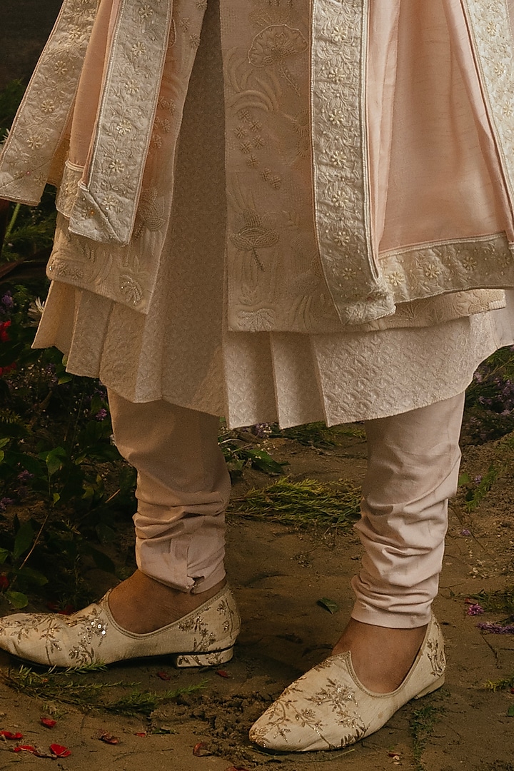Pastel Pink & Ivory Raw Silk Resham Embroidered Groom Sherwani Set by YAJY By Aditya Jain at Pernia's Pop Up Shop