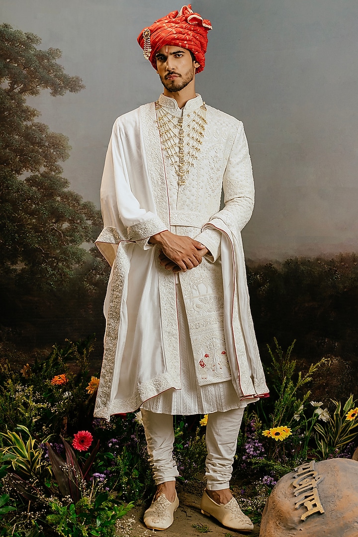 White Bemberg Silk Motif Embroidered Sherwani Set by YAJY By Aditya Jain