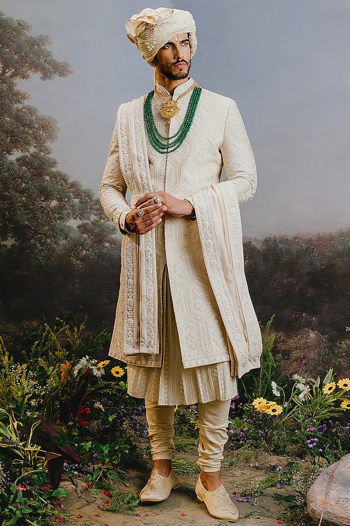 Ivory Silk Motif Embroidered Groom Sherwani Set by YAJY By Aditya Jain at Pernia's Pop Up Shop