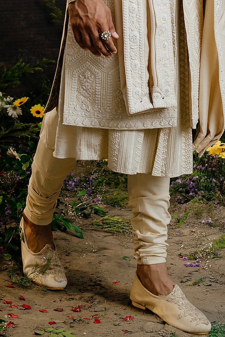 Ivory Silk Motif Embroidered Groom Sherwani Set by YAJY By Aditya Jain at Pernia's Pop Up Shop