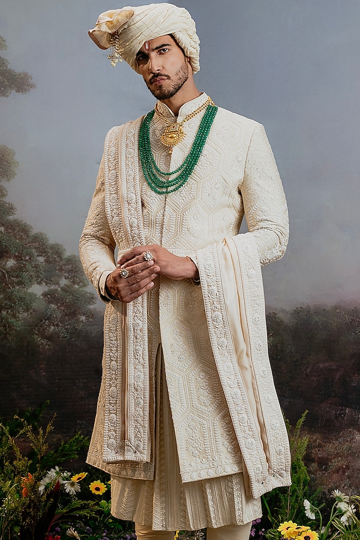 Ivory Silk Motif Embroidered Groom Sherwani Set by YAJY By Aditya Jain at Pernia's Pop Up Shop