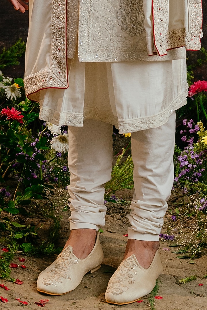 Ivory Raw Silk Embroidered Groom Sherwani Set by YAJY By Aditya Jain at Pernia's Pop Up Shop