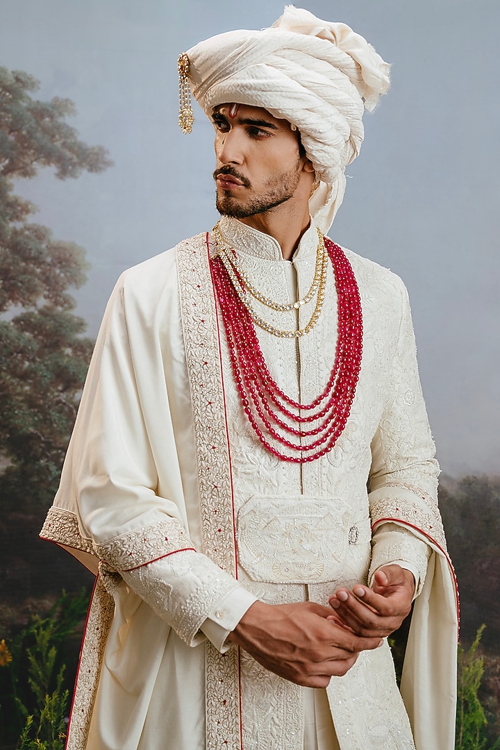 Ivory Raw Silk Embroidered Groom Sherwani Set by YAJY By Aditya Jain at Pernia's Pop Up Shop