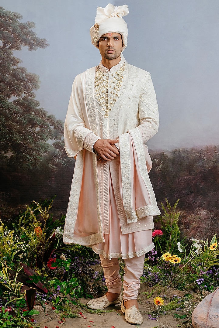 Rose Pink Ombre Bemberg Silk Groom Sherwani Set by YAJY By Aditya Jain at Pernia's Pop Up Shop