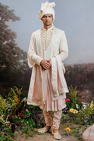 Rose Pink Ombre Bemberg Silk Groom Sherwani Set by YAJY By Aditya