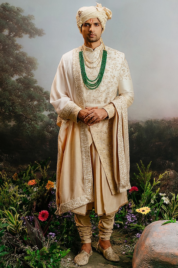 Ivory Gold Ombre Raw Silk Sherwani Set by YAJY By Aditya Jain