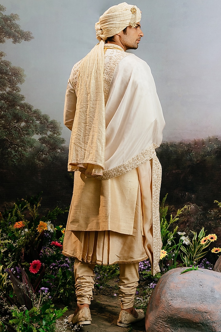 Ivory Gold Ombre Raw Silk Groom Sherwani Set by YAJY By Aditya Jain at Pernia's Pop Up Shop