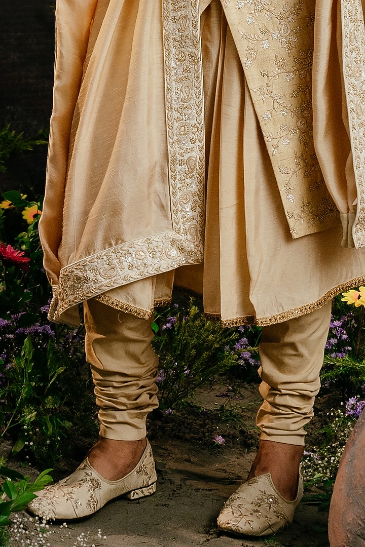 Ivory Gold Ombre Raw Silk Groom Sherwani Set by YAJY By Aditya Jain at Pernia's Pop Up Shop