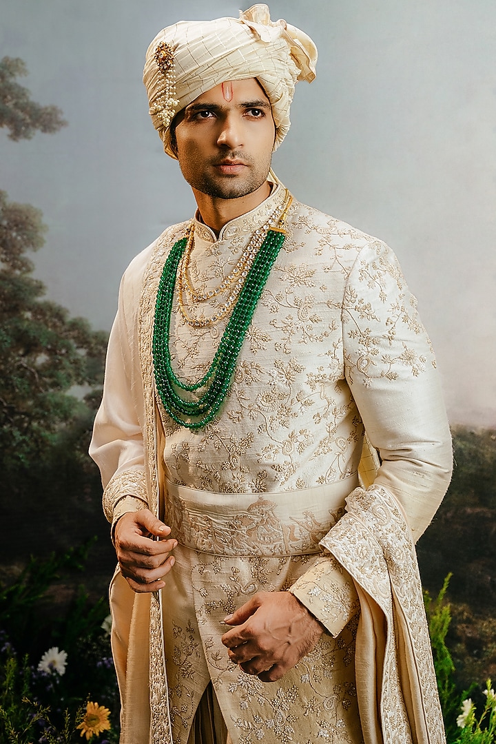 Ivory Gold Ombre Raw Silk Groom Sherwani Set by YAJY By Aditya Jain at Pernia's Pop Up Shop