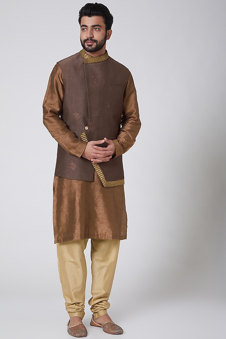 Brown Silk Kurta With Embroidered Jacket by YAJY By Aditya Jain