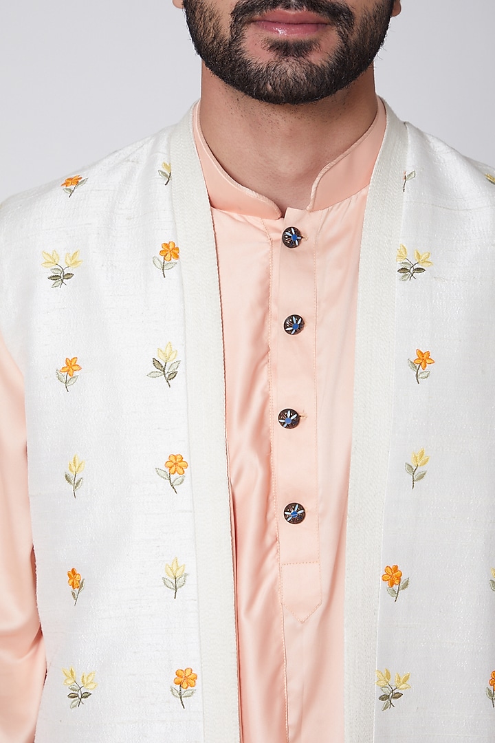 Peach Silk Asymmetric Pleated Kurta With Jacket by YAJY By Aditya Jain at Pernia's Pop Up Shop