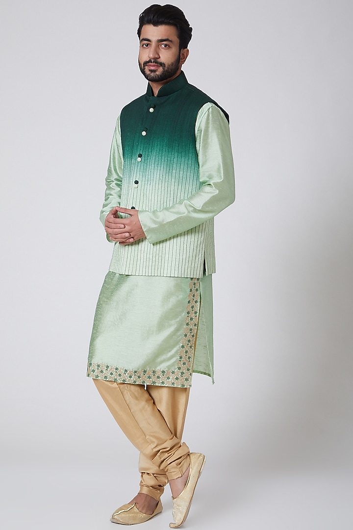 Bottle Green Silk Embroidered Kurta With Ombre Jacket by YAJY By Aditya Jain at Pernia's Pop Up Shop