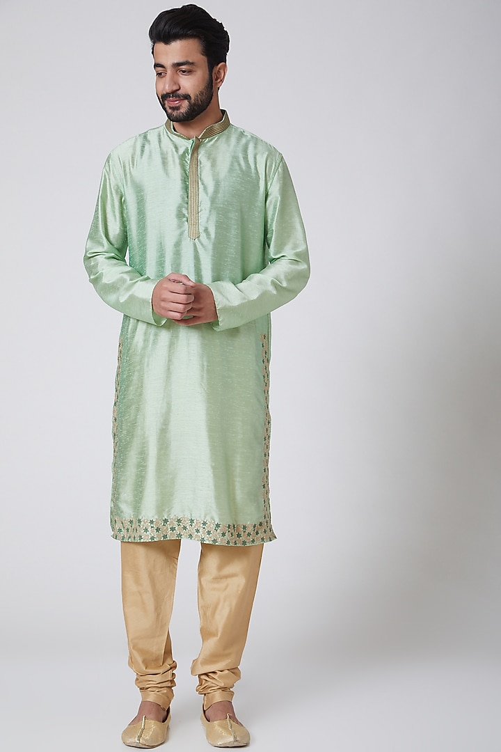 Bottle Green Silk Embroidered Kurta With Ombre Jacket by YAJY By Aditya Jain at Pernia's Pop Up Shop