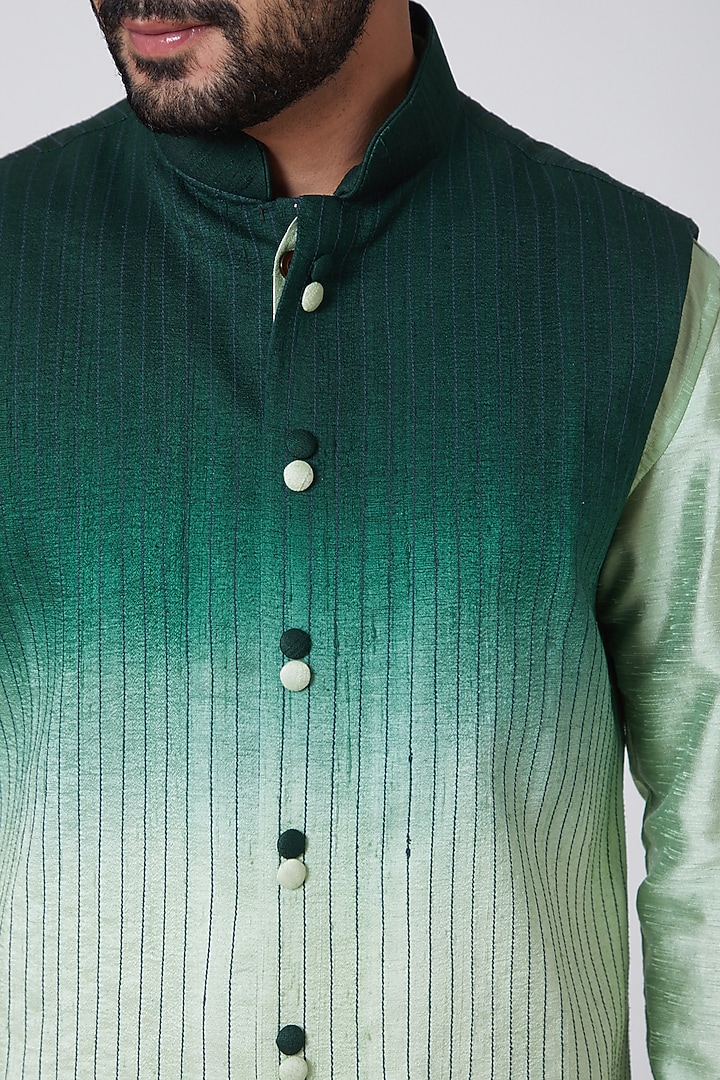 Bottle Green Silk Embroidered Kurta With Ombre Jacket by YAJY By Aditya Jain at Pernia's Pop Up Shop