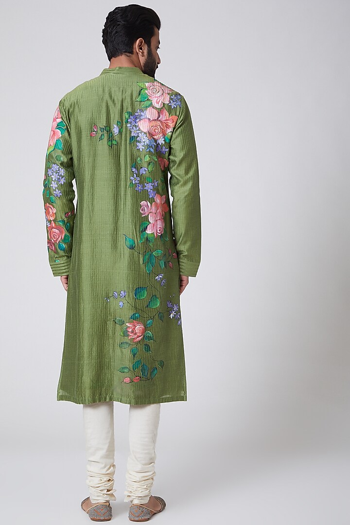 Mehendi Green Silk Floral Printed Kurta by YAJY By Aditya Jain at Pernia's Pop Up Shop